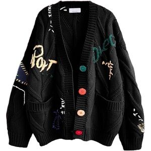 Utcoco Womens Graffiti Style Embroidery Cardigan Long Sleeve Size S